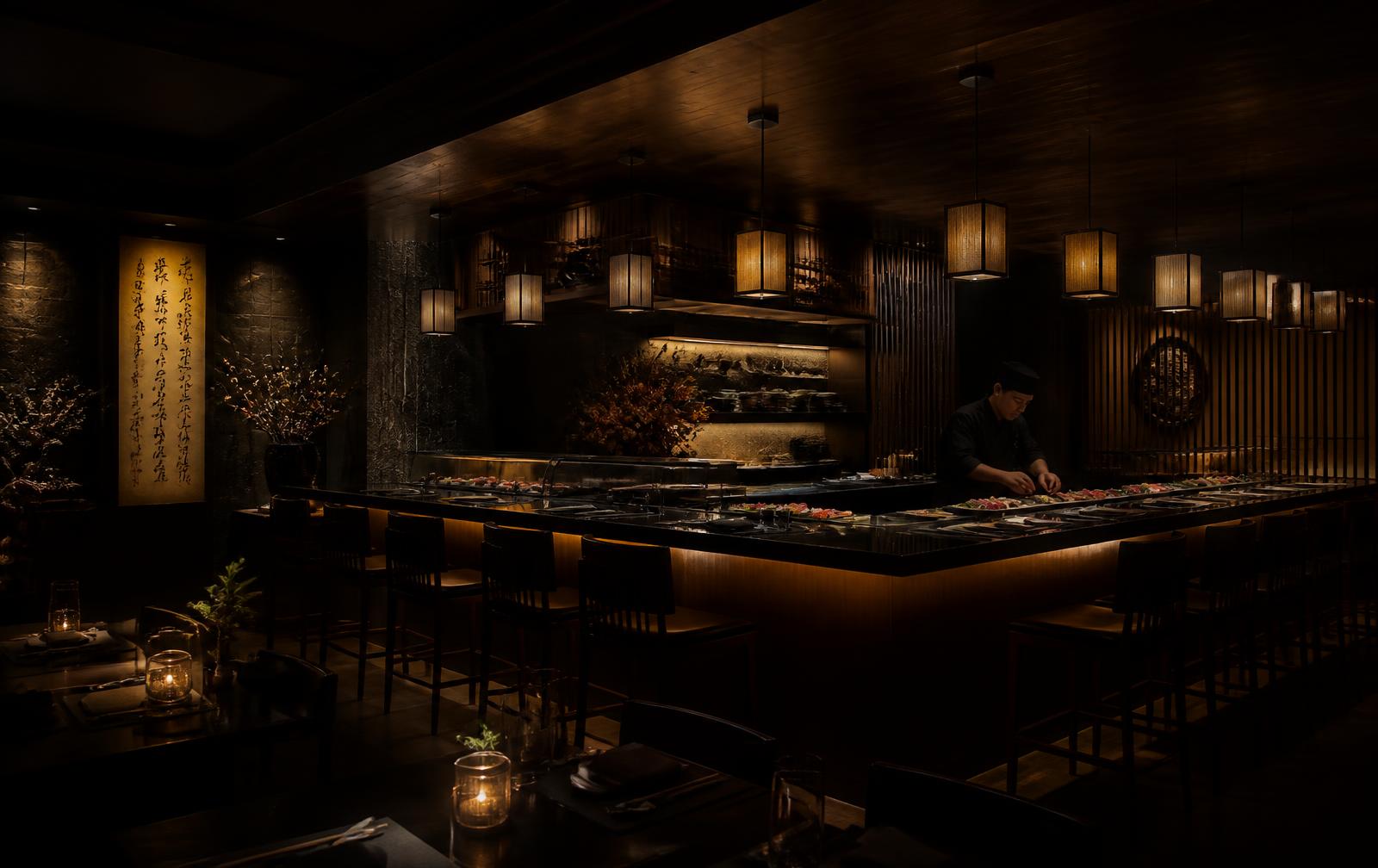 ENCHA dining room with sushi counter and warm lanterns